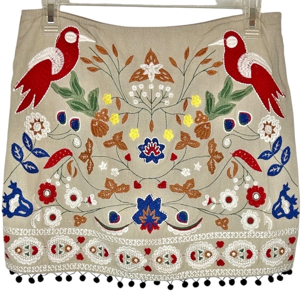 Altar'd State Mini Skirt Medium Tan Red Embroidered Bird Floral Boho Cottagecore - Picture 2 of 10